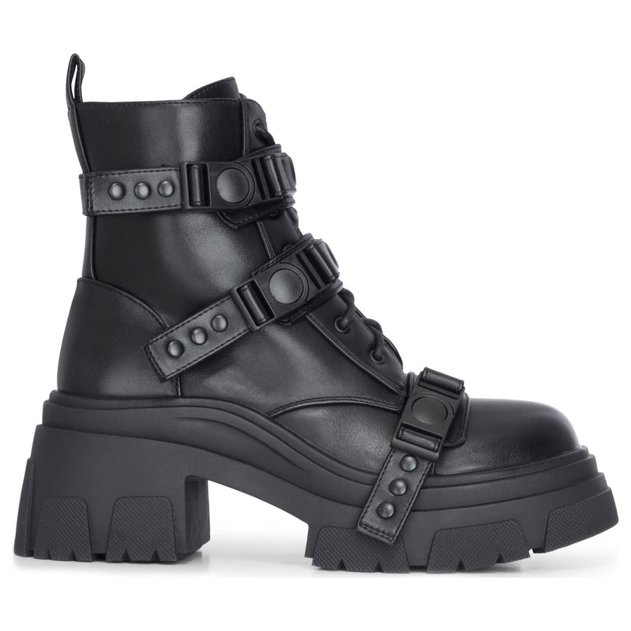 Czarne damskie buty za kostkę bojowe na platformie z klamrą ze skóry wegańskiej do połowy łydki - TruClothing.com - 1