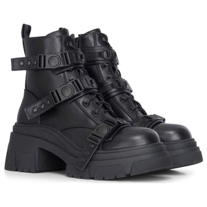 Schwarze wadenhohe Plateau-Kampfstiefel für Damen aus veganem Leder mit Schnalle - TruClothing.com - 3