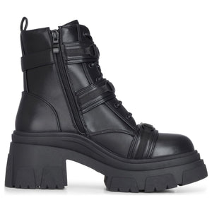 Schwarze wadenhohe Plateau-Kampfstiefel für Damen aus veganem Leder mit Schnalle - TruClothing.com - 4