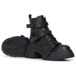 Schwarze wadenhohe Plateau-Kampfstiefel für Damen aus veganem Leder mit Schnalle - TruClothing.com - 5