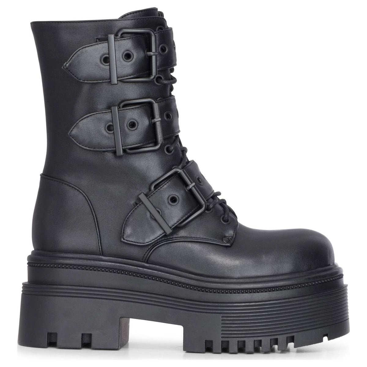 Buty damskie czarne z wegańskiej skóry do połowy łydki z paskami z klamrami na platformie wojskowe - TruClothing.com - 1