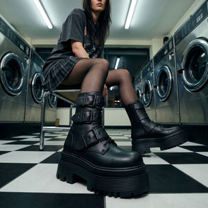 Buty damskie czarne z wegańskiej skóry do połowy łydki z paskami z klamrami na platformie wojskowe - TruClothing.com - 2