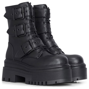 Buty damskie czarne z wegańskiej skóry do połowy łydki z paskami z klamrami na platformie wojskowe - TruClothing.com - 3