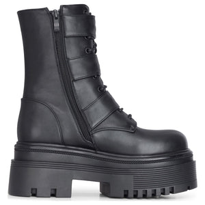 Buty damskie czarne z wegańskiej skóry do połowy łydki z paskami z klamrami na platformie wojskowe - TruClothing.com - 4