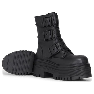 Buty damskie czarne z wegańskiej skóry do połowy łydki z paskami z klamrami na platformie wojskowe - TruClothing.com - 5