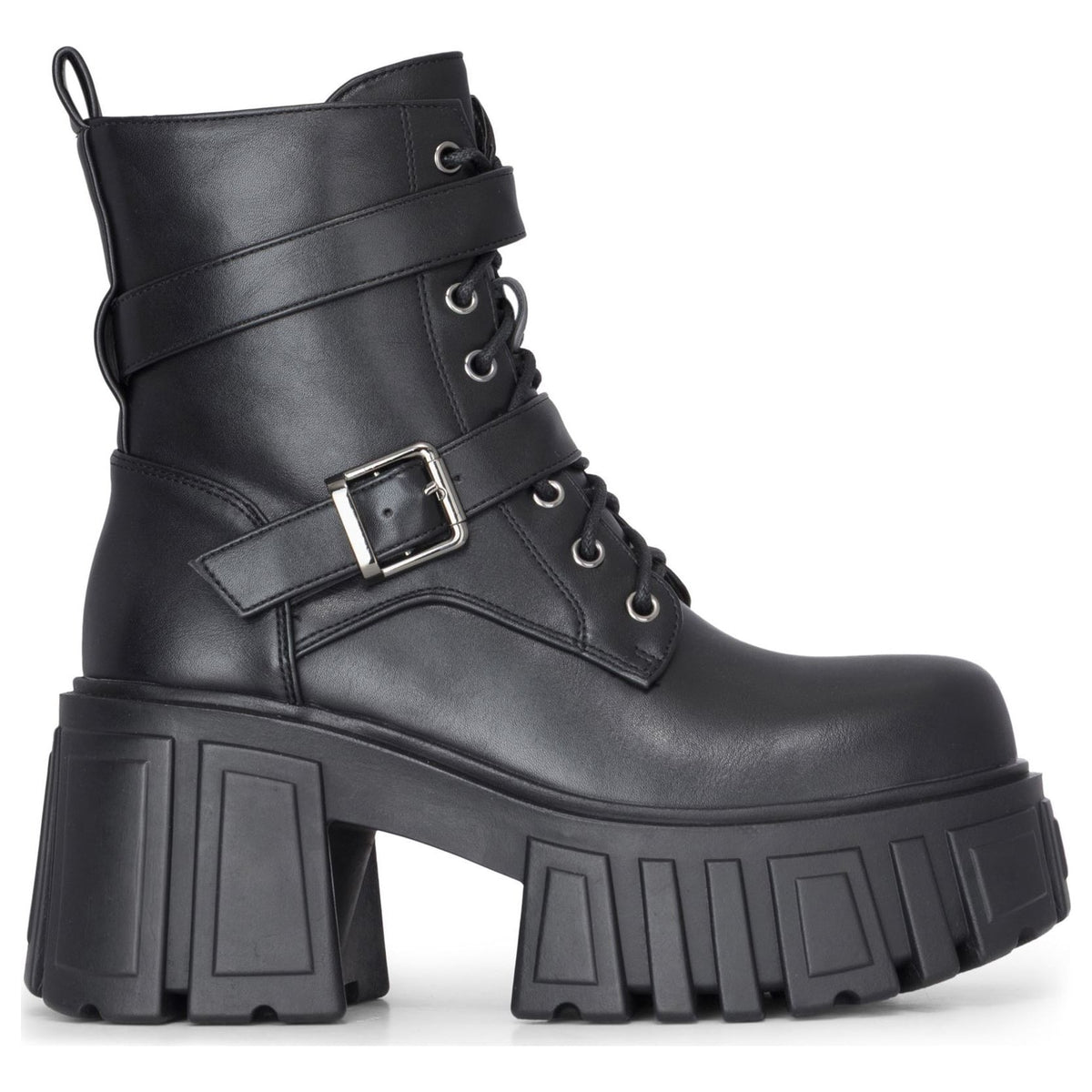 Schwarze wadenhohe Combatstiefel aus veganem Leder mit klobiger Plateausohle für Damen - TruClothing.com - 1