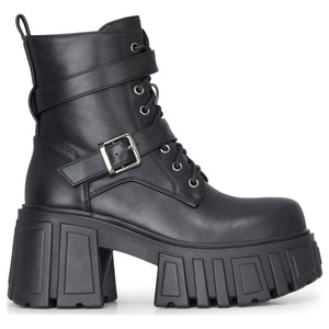 Schwarze wadenhohe Combatstiefel aus veganem Leder mit klobiger Plateausohle für Damen - TruClothing.com - 1