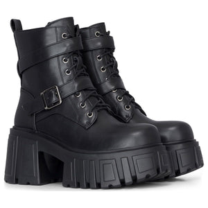 Schwarze wadenhohe Combatstiefel aus veganem Leder mit klobiger Plateausohle für Damen - TruClothing.com - 3