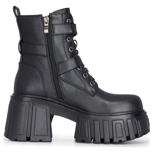 Schwarze wadenhohe Combatstiefel aus veganem Leder mit klobiger Plateausohle für Damen - TruClothing.com - 4