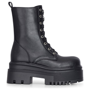 Women's Black Vegan Leather Mid-Calf Lace-Up Front Platform Combat Boots - TruClothing.com - 1