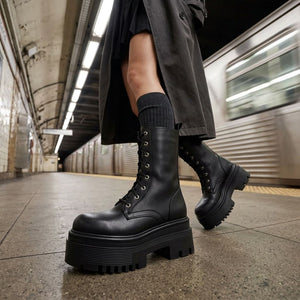 Women's Black Vegan Leather Mid-Calf Lace-Up Front Platform Combat Boots - TruClothing.com - 2