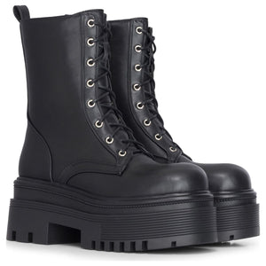Women's Black Vegan Leather Mid-Calf Lace-Up Front Platform Combat Boots - TruClothing.com - 3