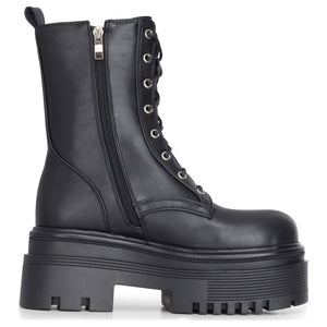 Women's Black Vegan Leather Mid-Calf Lace-Up Front Platform Combat Boots - TruClothing.com - 4