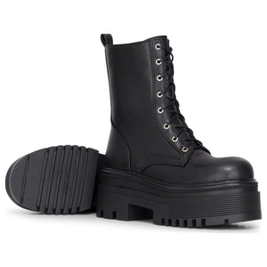 Women's Black Vegan Leather Mid-Calf Lace-Up Front Platform Combat Boots - TruClothing.com - 5