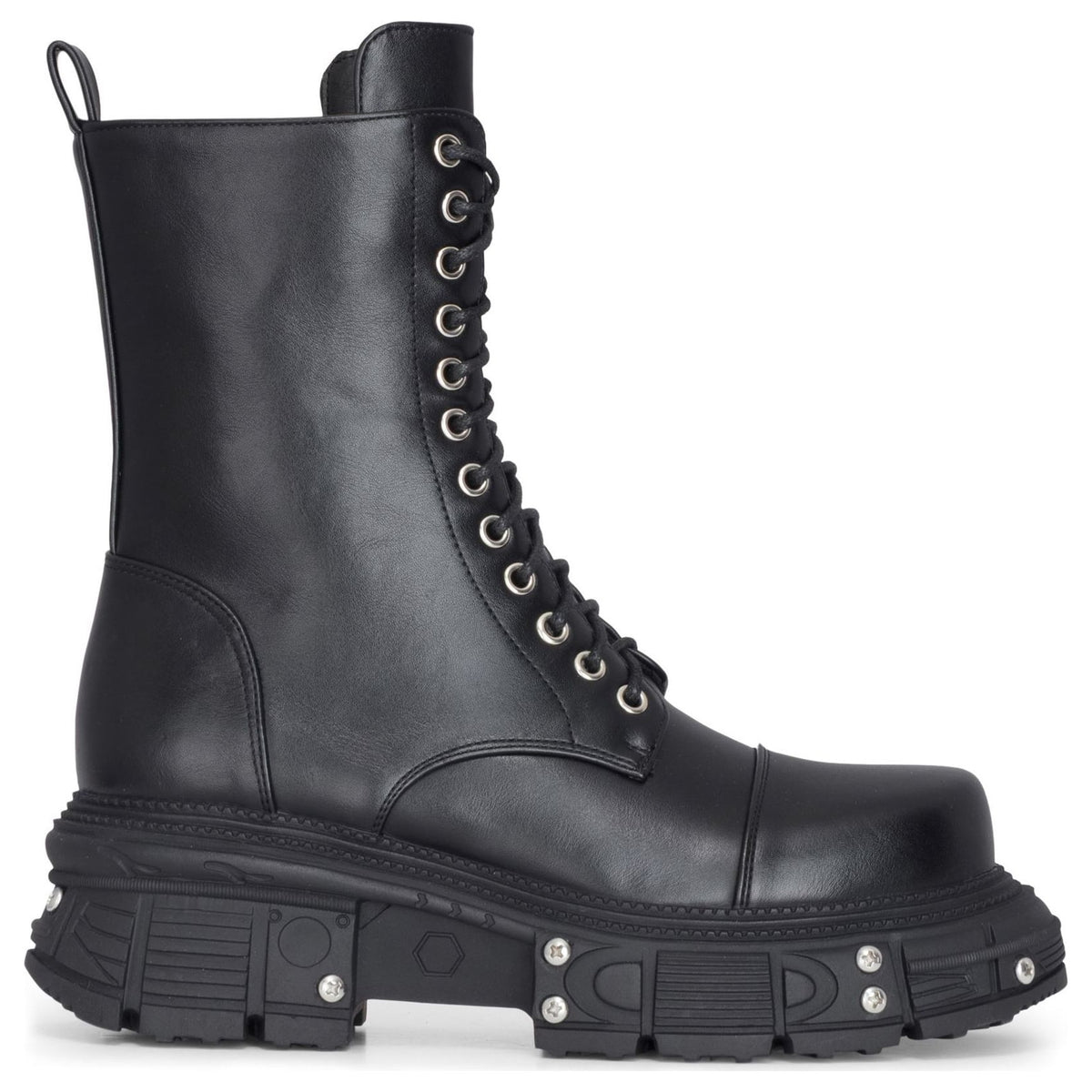 Stivali donna neri in pelle vegana con suola rialzata al polpaccio stile combat - TruClothing.com - 1