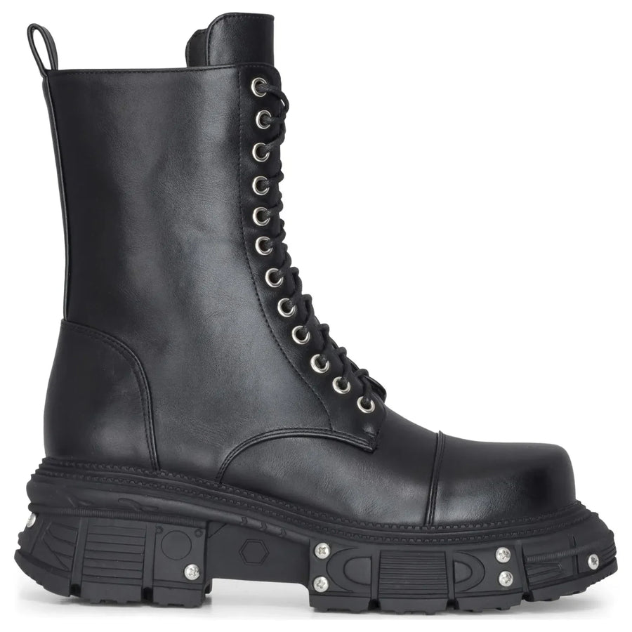 Bottes Femme Noires en cuir vegan à plateforme mi-mollet de combat - TruClothing.com - 1