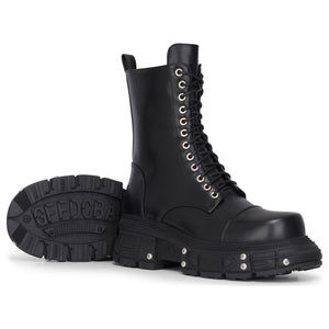 Stivali donna neri in pelle vegana con suola rialzata al polpaccio stile combat - TruClothing.com - 5
