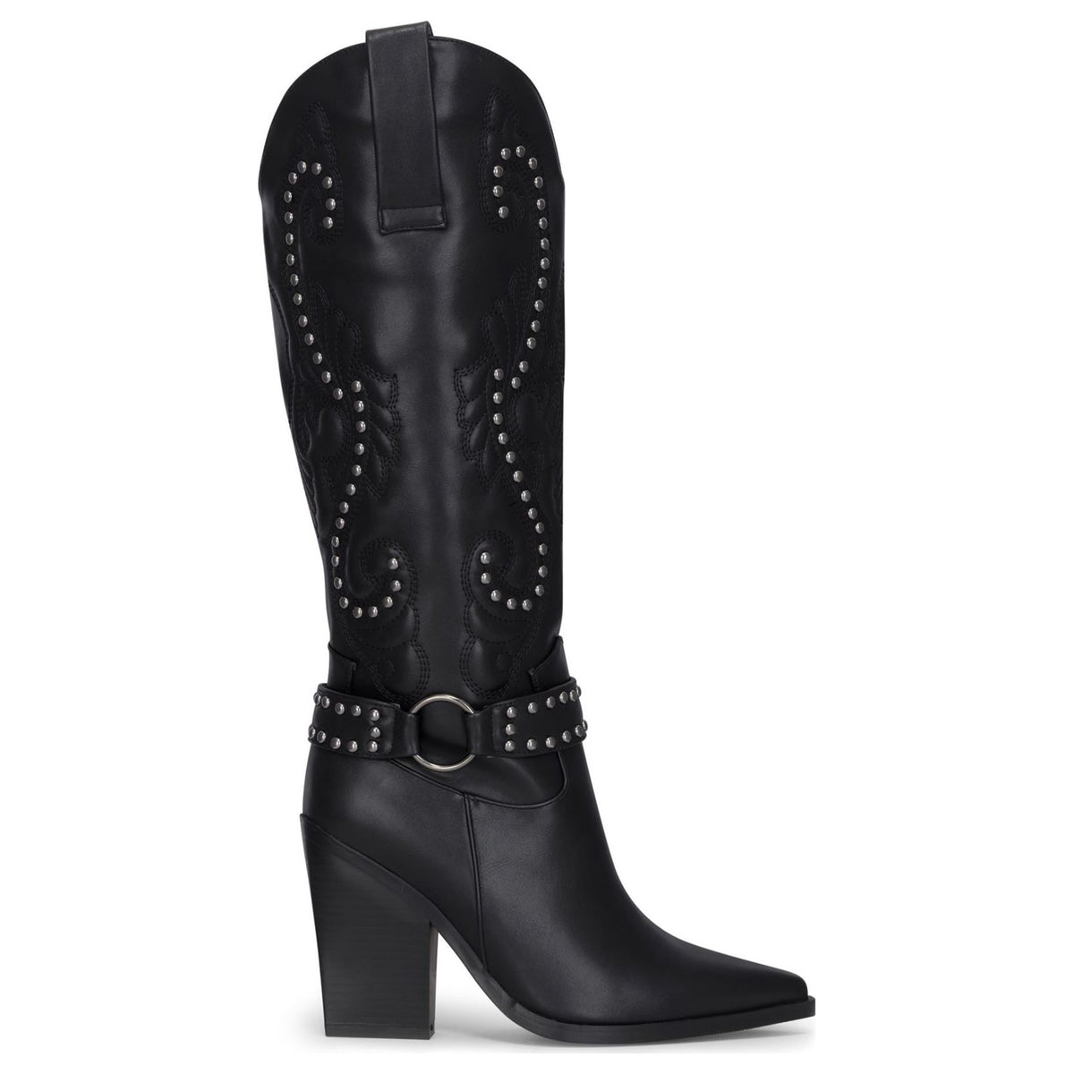 Cizme de tip cowboy pentru femei negre din piele vegană cu nituri argintii până la genunchi - TruClothing.com - 1