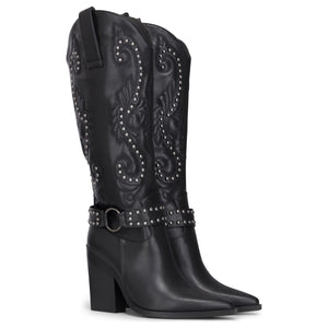 Cizme de tip cowboy pentru femei negre din piele vegană cu nituri argintii până la genunchi - TruClothing.com - 3