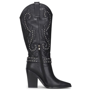 Cizme de tip cowboy pentru femei negre din piele vegană cu nituri argintii până la genunchi - TruClothing.com - 4