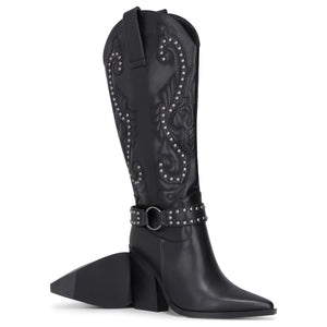 Cizme de tip cowboy pentru femei negre din piele vegană cu nituri argintii până la genunchi - TruClothing.com - 5