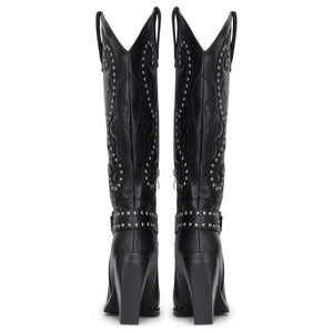 Cizme de tip cowboy pentru femei negre din piele vegană cu nituri argintii până la genunchi - TruClothing.com - 6