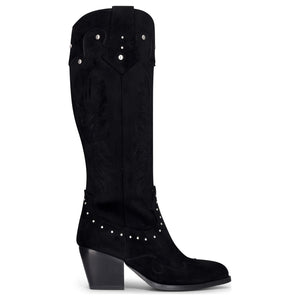 Cizme pentru Femei Negre din Velur Vegan Până la Genunchi Western cu Ținte de Cowboy - TruClothing.com - 1