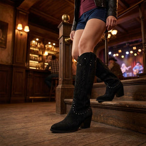Cizme pentru Femei Negre din Velur Vegan Până la Genunchi Western cu Ținte de Cowboy - TruClothing.com - 2