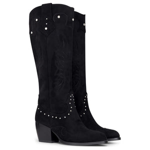 Cizme pentru Femei Negre din Velur Vegan Până la Genunchi Western cu Ținte de Cowboy - TruClothing.com - 3