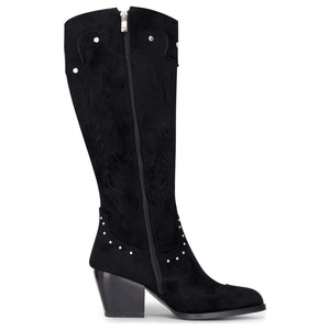 Cizme pentru Femei Negre din Velur Vegan Până la Genunchi Western cu Ținte de Cowboy - TruClothing.com - 4