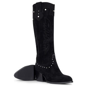 Cizme pentru Femei Negre din Velur Vegan Până la Genunchi Western cu Ținte de Cowboy - TruClothing.com - 5