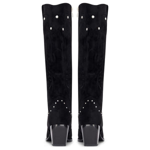 Cizme pentru Femei Negre din Velur Vegan Până la Genunchi Western cu Ținte de Cowboy - TruClothing.com - 6