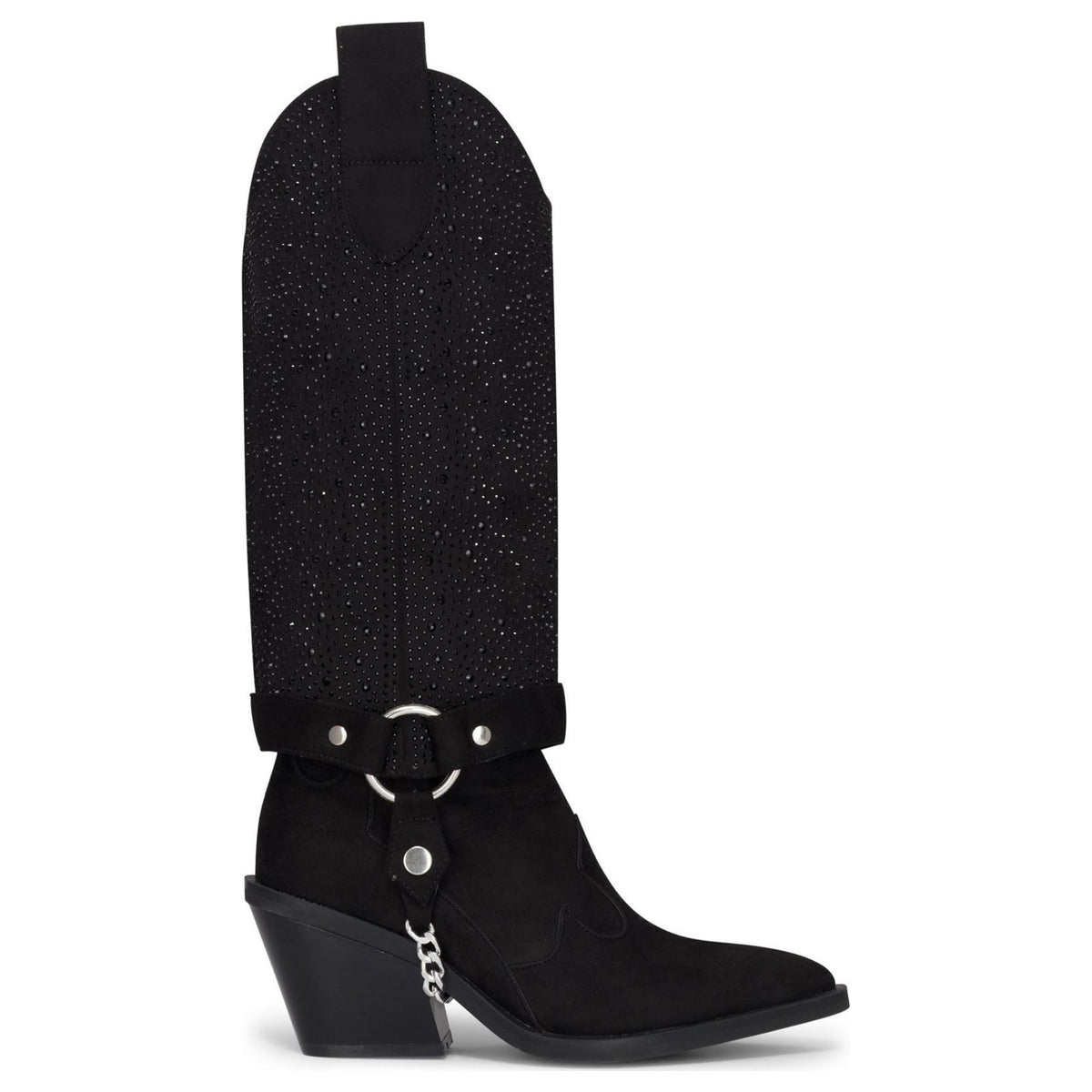 Schwarze kniehohe vegane Wildleder-Cowboystiefel im Westernstil mit Strass für Damen - TruClothing.com - 1