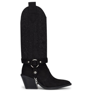 Schwarze kniehohe vegane Wildleder-Cowboystiefel im Westernstil mit Strass für Damen - TruClothing.com - 1