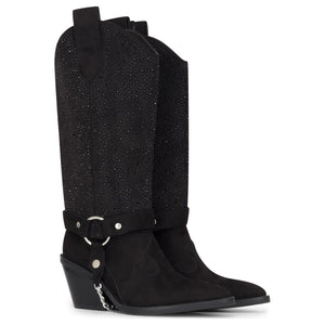 Schwarze kniehohe vegane Wildleder-Cowboystiefel im Westernstil mit Strass für Damen - TruClothing.com - 3