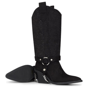 Schwarze kniehohe vegane Wildleder-Cowboystiefel im Westernstil mit Strass für Damen - TruClothing.com - 4