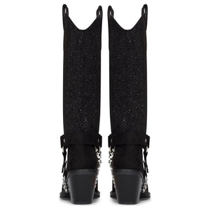 Schwarze kniehohe vegane Wildleder-Cowboystiefel im Westernstil mit Strass für Damen - TruClothing.com - 5