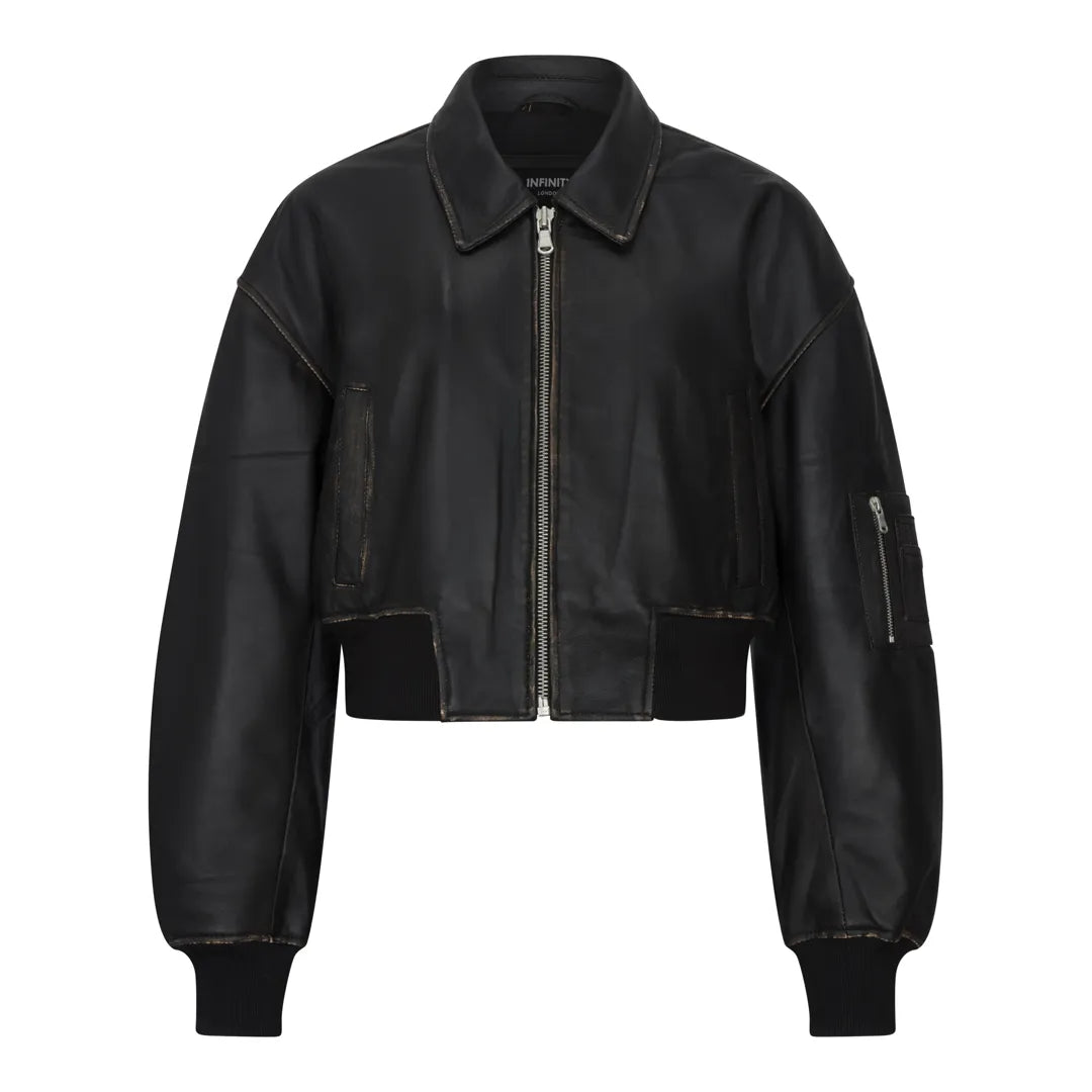 Women's Cropped Bomber Leather Jacket - Black - Infinity Leather - 1