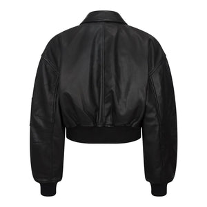 Women's Cropped Bomber Leather Jacket - Black - Infinity Leather - 8