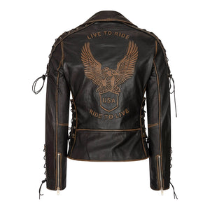 Damska kurtka motocyklowa skórzana Brando z zamkiem krzyżowym Żyj aby jeździć - Infinity Leather - 3