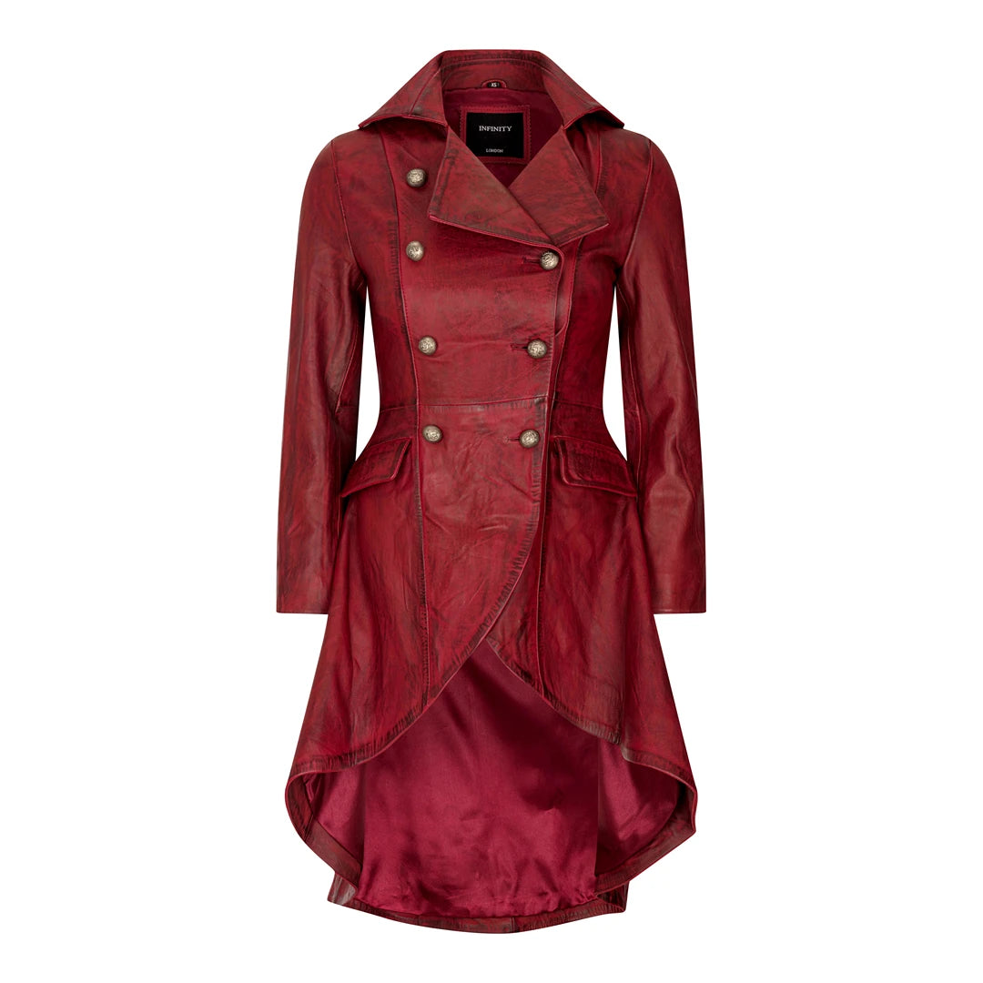 Women's Gothic Tail Coat Double Breasted Leather Jacket - Burgundy - Infinity Leather - 1