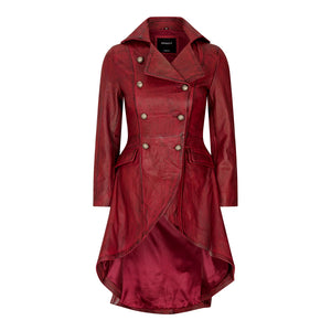 Women's Gothic Tail Coat Double Breasted Leather Jacket - Burgundy - Infinity Leather - 1