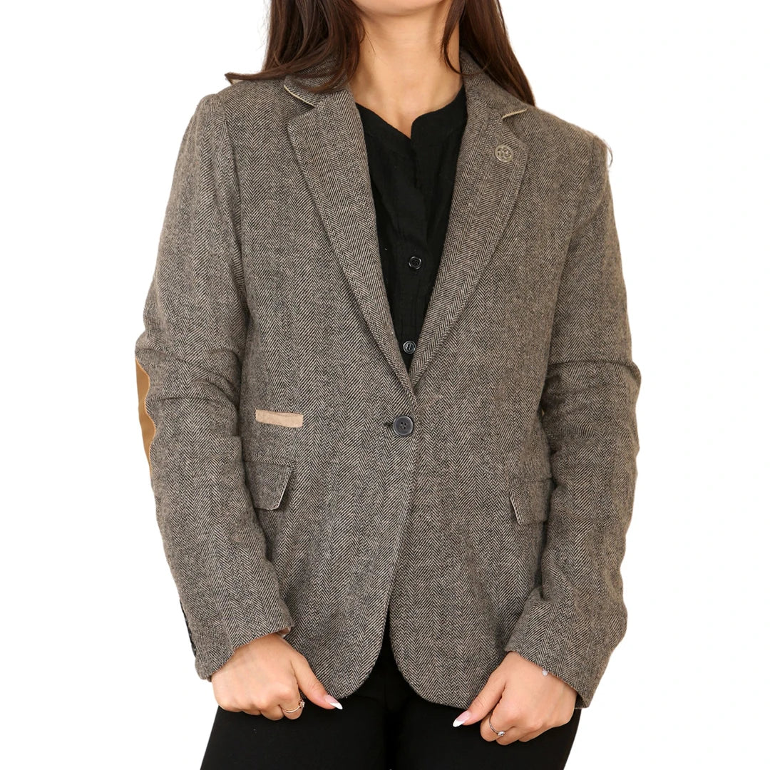 Women's Herringbone Tweed Waistcoat Blazer Oak Brown Classic Jacket - TruClothing.com - 1
