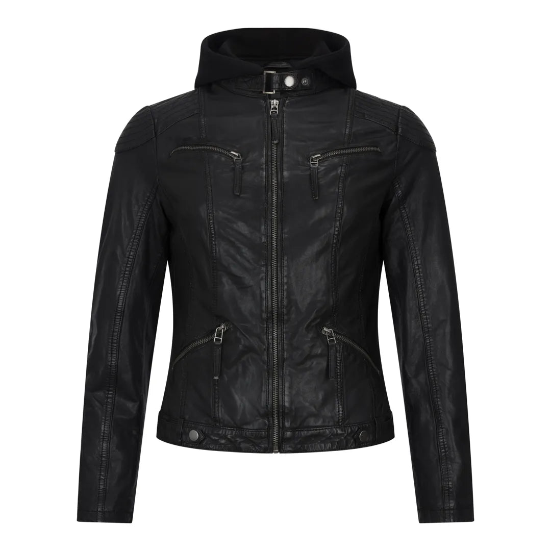 Women's Hooded Biker Leather Jacket - Black - Infinity Leather - 1