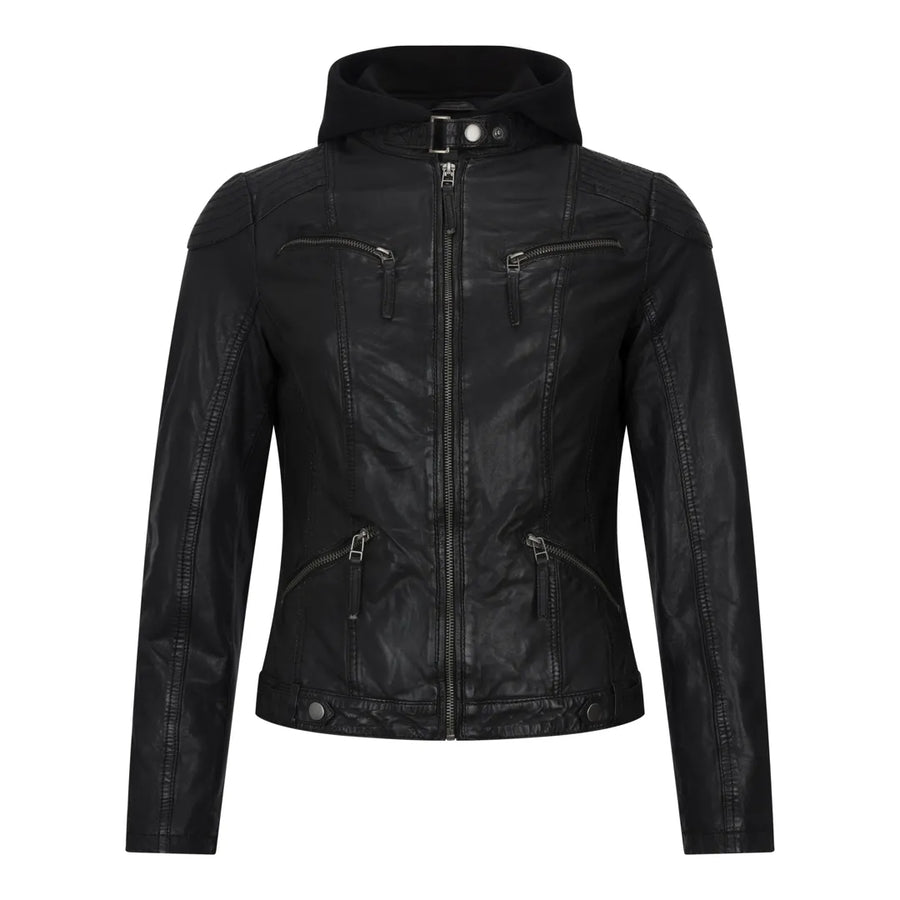 Damen Kapuzen Biker Lederjacke - Schwarz - Infinity Leather - 1