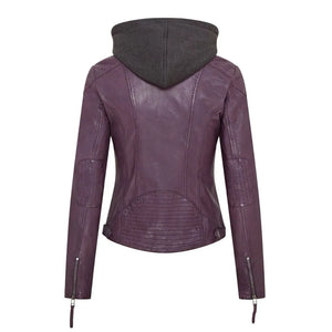 Women's Hooded Biker Leather Jacket - Purple - Infinity Leather - 10
