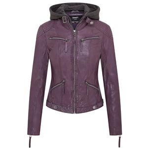 Women's Hooded Biker Leather Jacket - Purple - Infinity Leather - 9
