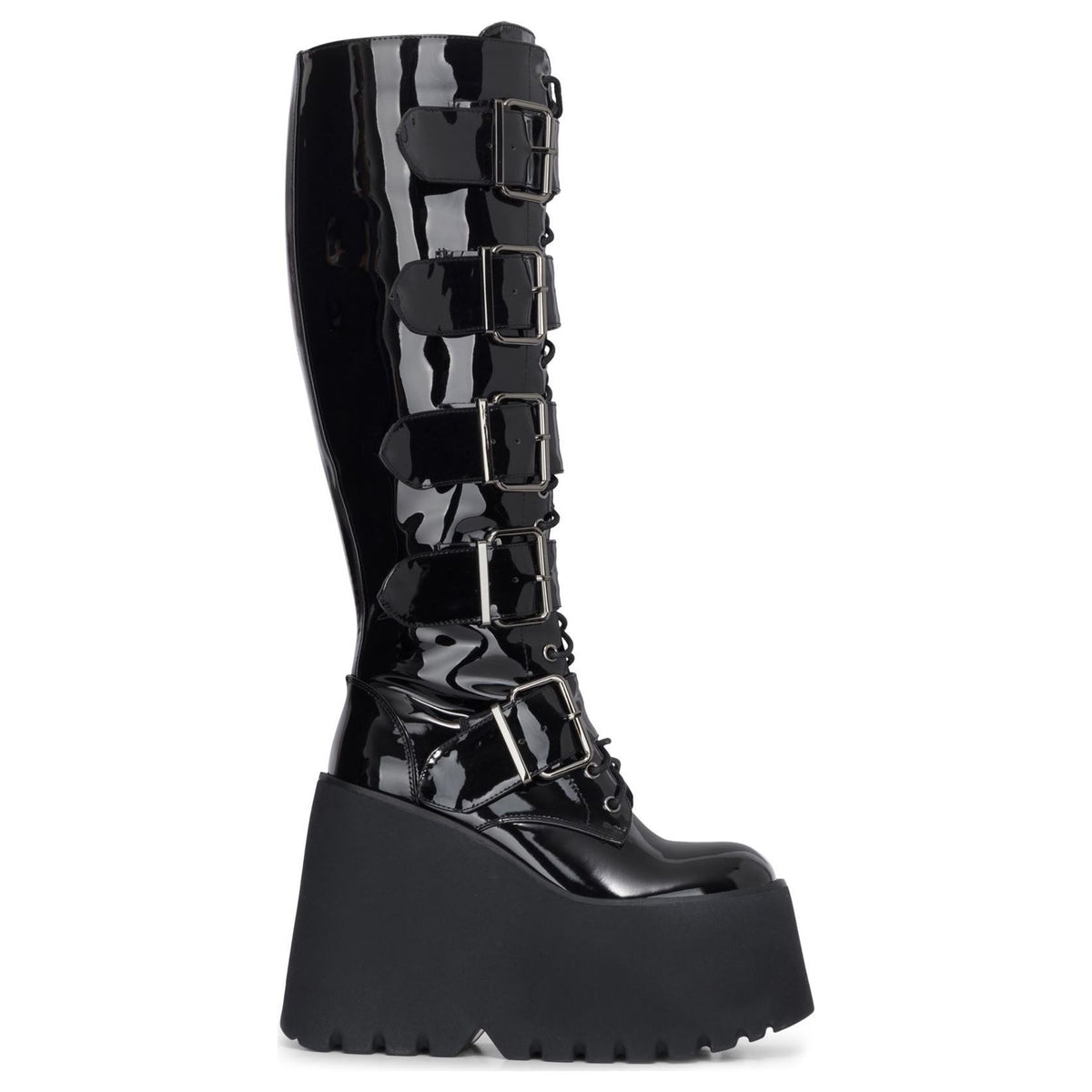 Botas de mujer charol vegano con plataforma y cuña altas hasta la rodilla estilo gótico negro - TruClothing.com - 1