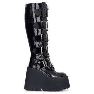 Botas de mujer charol vegano con plataforma y cuña altas hasta la rodilla estilo gótico negro - TruClothing.com - 1