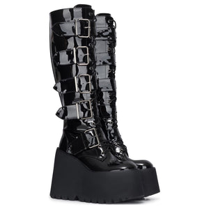 Botas de mujer charol vegano con plataforma y cuña altas hasta la rodilla estilo gótico negro - TruClothing.com - 3